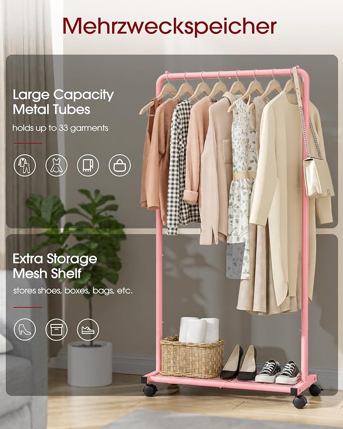 Sakugi Clothes Rack - Clothing Rack with Storage Mesh Shelf & Casters, Heavy-Duty Metal Clothing Rack for Hanging Clothes, Dresses, Coats, Large Load Capacity, Easy Assembly, Pink, 28.0"x16.9"x59.0"