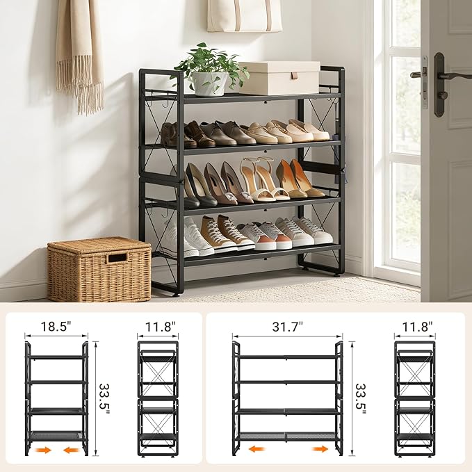 ELYKEN Expandable Shoe Rack for Closet, 4-Tier Metal Black Shoe Organizer | Adjustable Height Shoe Shelf for Boots, Heels, with 8 Hooks, Stackable Shoe Stand Holder for Entryway, Garage, Door Entrance