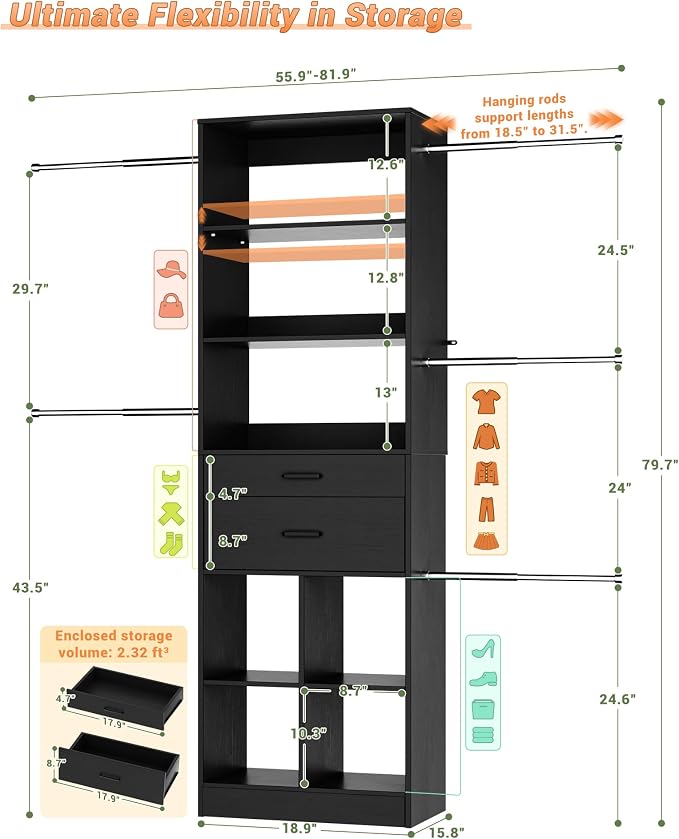 Besiost Small Closet System, 3.2-6.8FT Small Closet Organizer with 5 Hanging Rods, Can Fit 37.5 to 81.9 inch Walk-in Closet System, Built-in, Black, Enclosed Storage Volume 2.32 ft³