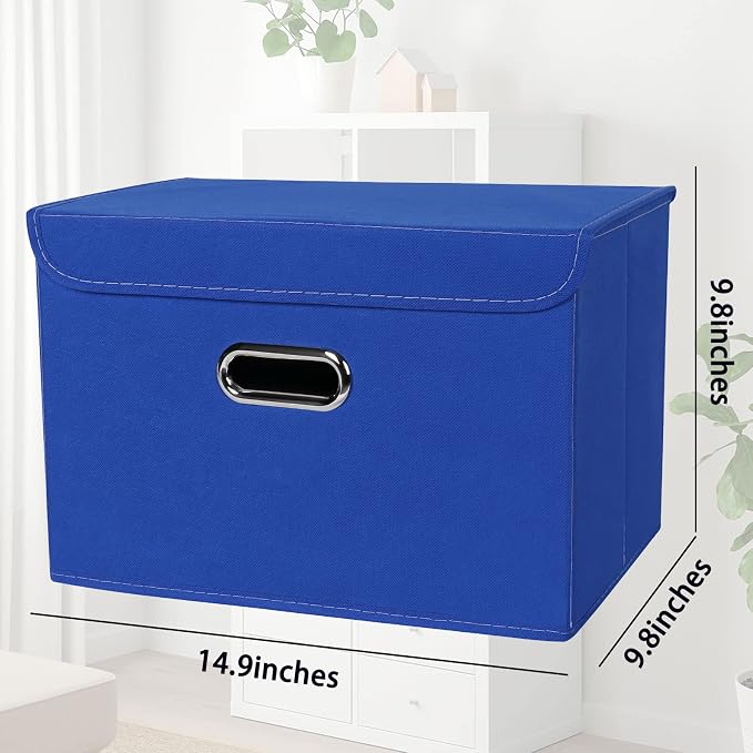 STOREONE Fabric Storage Cube Bins Foldable Organizer Container Collapsible Basket with Lids and Metal Handles, for Home, Bedroom, Closet 6 Pcs (Dark Blue)