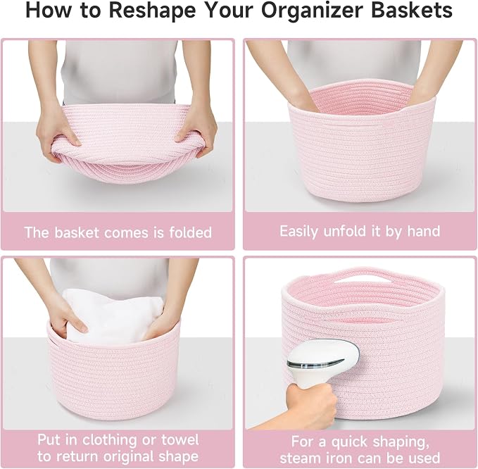 3 Pack Small Rope Storage Baskets, 9.82×9.82×7.1", Pink | Cotton Basket for Gifts Empty, Cute Round Woven Basket, Decorative Shelf Basket Organizer, Organizing Basket for Shelves