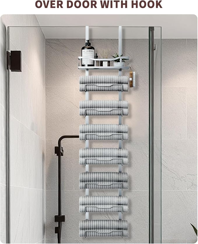 Aetyord Hanging Towel Racks for Bathroom Storage | 8-Tier Over The Door Bath Towel Storage Organizer with Metal Shelf Basket for Small Bathrooms RV Camper Silver