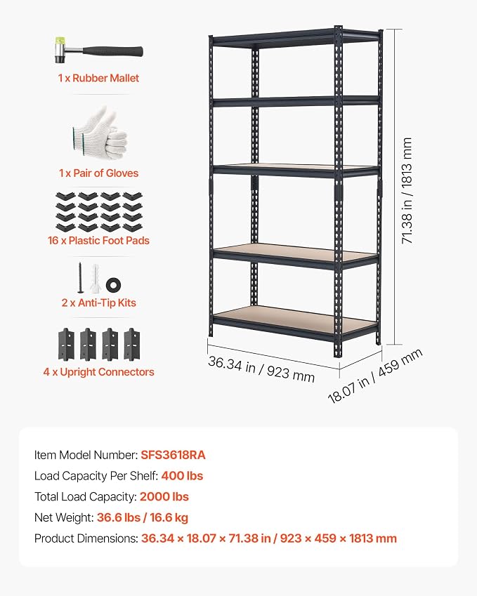 VEVOR Storage Shelves, 5-Tier Adjustable, 2000 lbs Capacity, Heavy Duty Garage Storage Shelving Unit, Metal Utility Rack Shelf, for Garage Warehouse Basement Kitchen, 36.34" W x 18.07" D x 71.38" H
