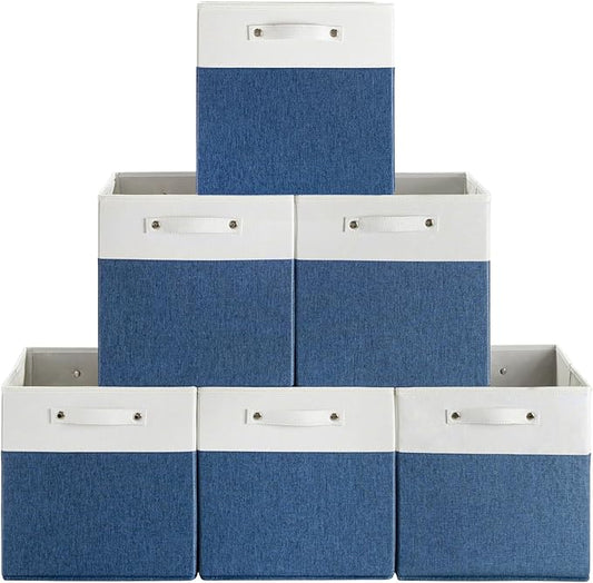 FinishingBo 13x13x13 Storage Cube Bins 6 Pack, Cube Shelf Baskets | Foldable Storage Cubes, Linen Storage Bins with Handles, Closet Organizers, White/Blue