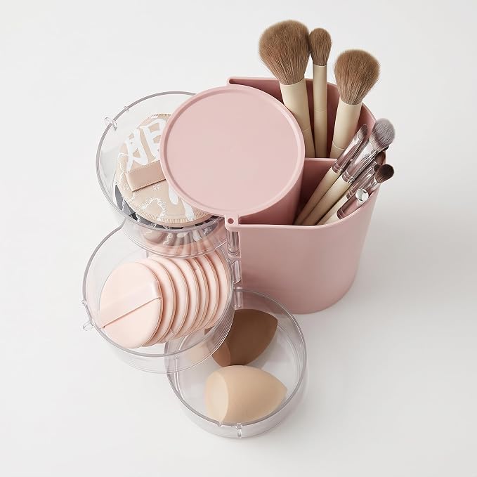 Makeup Organizer, 3-Tier Pink Cosmetic Organizer Dustproof Rotating Makeup Brush Holder, 18.2cm Height Desktop Storage Box For Vanity Countertop Eyebrow Pencils Powder Puffs And Office Pen Storage