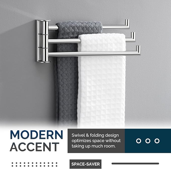 Angle Simple Swivel Hand Towel Rack, Foldable 3 Bars, Polished Chrome | Solid SUS304 Stainless Steel, Kitchen Towel Holder, Triple Arms Space Saving, 9.84"