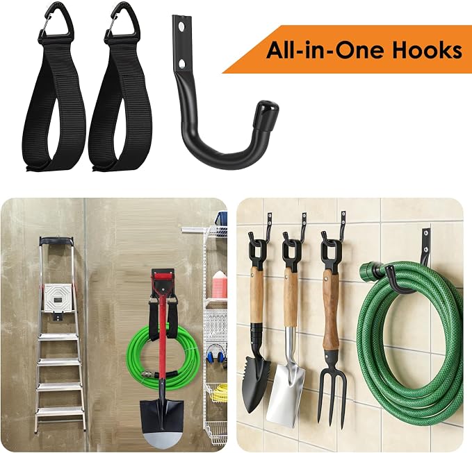 14" Garage Hooks Heavy Duty 2-Pack - Garage Storage System Hooks, Ladder Hooks for Garage Wall & Broom Holder Wall Mount | Non-Slip Tire Rack & Heavy Duty Wall Hooks for Hanging Ladders, Chairs.