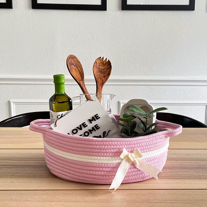 CHICVITA Small Woven Rope Gift Basket for Baby Girls, Pink | 13" x 10" x 5", Rectangle Shelf Basket for Nursery & Bathroom, Toys, Diapers & Towels Organization, Built-In Handles