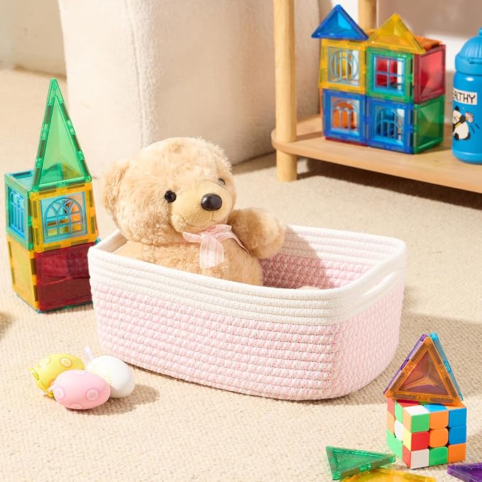MiniArk Small Storage Baskets for Organizing | Closet Organizer Bins | Shelf Toy Basket | Woven Rope Baskets | Cube Decorative Box | Shallow Basket | 13x8.5x5.1” | 3 Packs White Pink