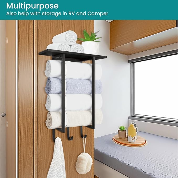 ELITEROO Towel Holder for Bathroom Wall, Wooden Towel Rack Shelf | Hanging Towel Organizer with 3 Hooks for Small Bathroom Storage, Bath Rolled Towel Shelf for RV, Camper, Black