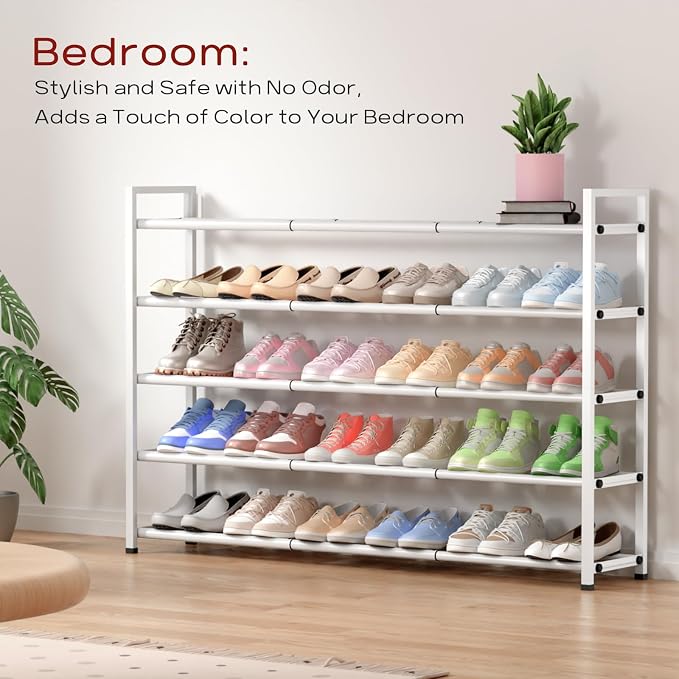 Bumusty 5 Tier Long Expandable Shoe Rack for Closet, White | 18"-44" Adjustable Shoe Rack for Entryway, Shoe Organizer for Dorm, Front Door, Sturdy Metal