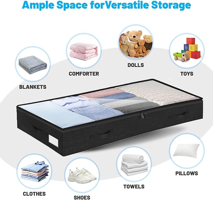 4 Inch Low Profile Under Bed Storage Drawer 4 Pack, Lightweight Underbed Clothes Storage Container Bins With NO STURCTURE, Shallow Storage Bag for Dorm & Home, With Clear Lids & Water-Resistant Fabric