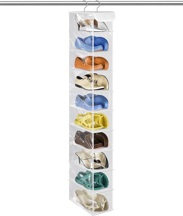 Libeder 10-Shelf Hanging Shoe Organizers with Side Pockets, Transparent | Hanging Closet Organizer with Side Pockets for Wardrode,Dorm, Folding Shoe Racks, Space Saving Hanging Shelves with Hooks