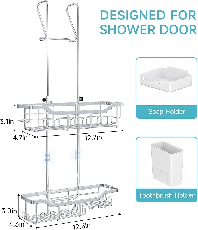Shower Caddy Hanging Over the Door, Upgraded Extended Length Shower Organizer, Rustproof Bathroom Rack with Hooks Soap Holder, Silver