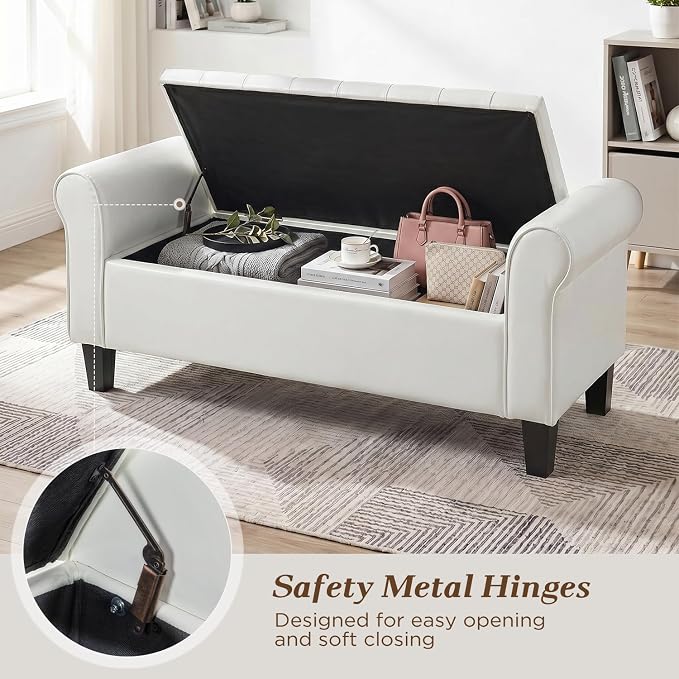 55" Storage Ottoman Bench for Living Room, End of Bed Bench with Rolled Arm Leather Ottoman with Storage Upholstered Entryway Bench Retro Style Footboard Bench for Bedroom, Cream White
