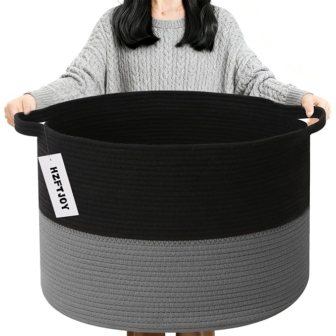 90L Extra Large Blanket Basket,Woven Laundry Basket-Black&Dark Grey | Collapsible, reinforced handles, nursery storage bin organizes clothes, toys and pillows for living room, bedroom bathroom