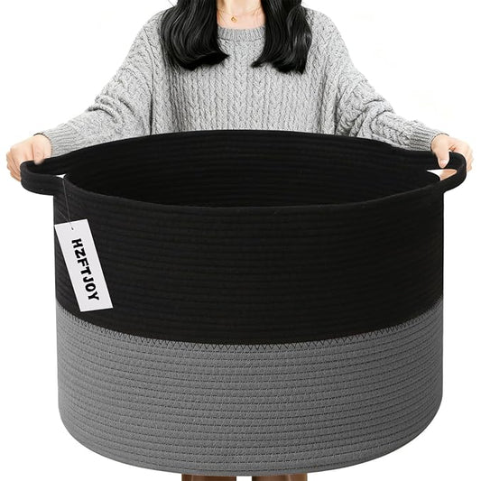 90L Extra Large Blanket Basket,Woven Laundry Basket-Black&Dark Grey | Collapsible, reinforced handles, nursery storage bin organizes clothes, toys and pillows for living room, bedroom bathroom