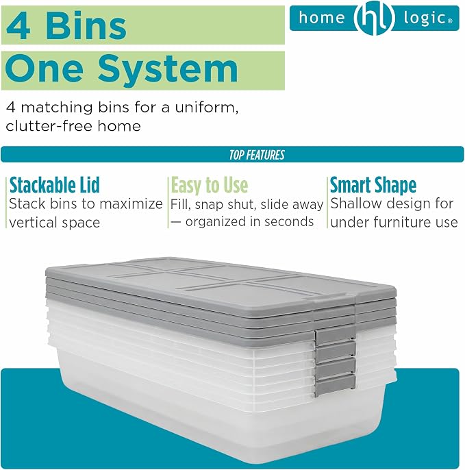 Home Logic 52 Qt Latched Underbed Storage Bin with Lid, Stackable Plastic Storage Container, Organizer for Home & Bedroom, 4 Pack, Gray