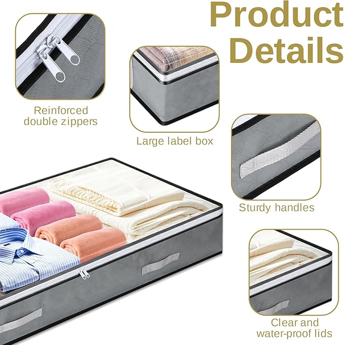 4 Pack 5.5 Inches High Under Bed Storage Containers, Low Profile | Under Bed Storage Containers, Foldable Underbed Bag Stackable Closet Organizer for Blankets Clothing Comforter Wrapping Paper