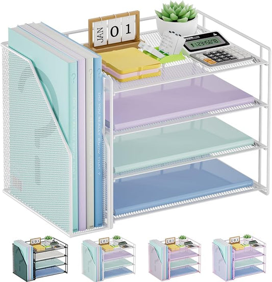 Marbrasse 4-Tier Paper Tray Organizer with File Holder, White | Sturdy Paper Tray, Built-in File Holder, fits Letters/Docs, Saves Desk Space, for School/Office/Home