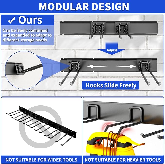 Garage Tool Organizer Wall Mount, 48 Inch Heavy Duty Garden Tool Organizer Storage System, Easy Install with 6 Adjustable Straight Hooks, for Garage, Basement, Shed, Workshop, Black, Steel