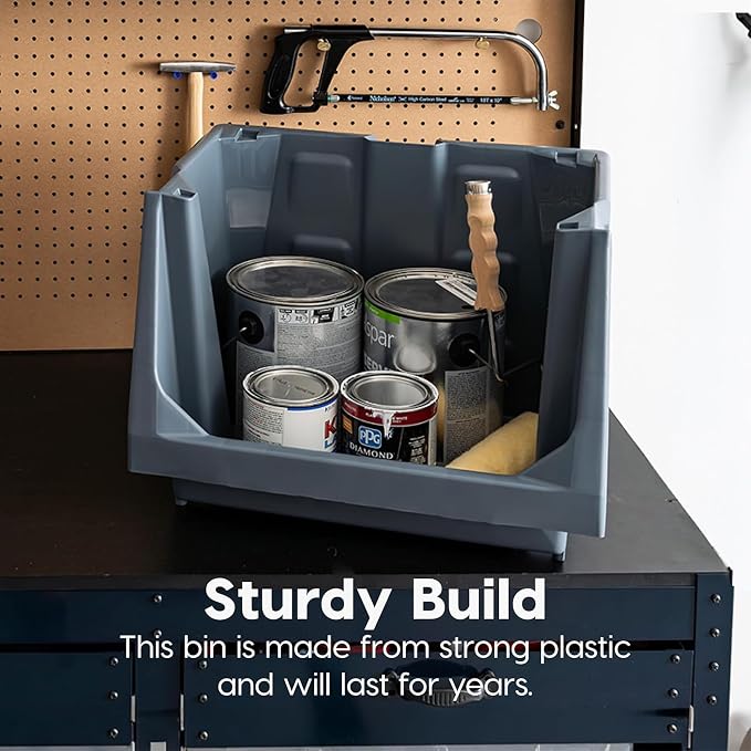IRIS USA Open Front Storage Bins, Jumbo Stackable Storage Bins, 3 Pack | Heavy-duty interlocking bins provide open-front access for garage tools, hardware, sporting goods, and workshop storage.
