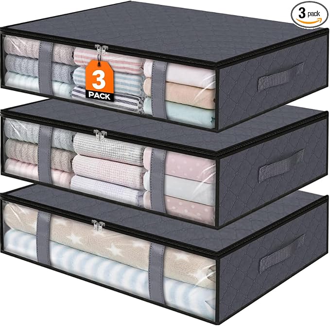 StorageRight Under Bed Storage Bags, 3 Pack, 40L, Gray | Breathable Non-Woven Fabric with a Clear Window and Zippered Top for Clothes, Comforters, Blankets and Seasonal Storage