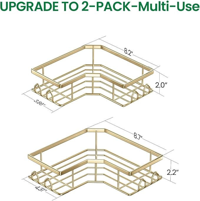 Adhesive Shower Caddy, 2 Pack Corner Bath Organizer, Rustproof Stainless Steel Shower Shelves with Large Capacity, No Drilling Shelves for Bathroom Storage, Home, Kitchen Décor(Gold)