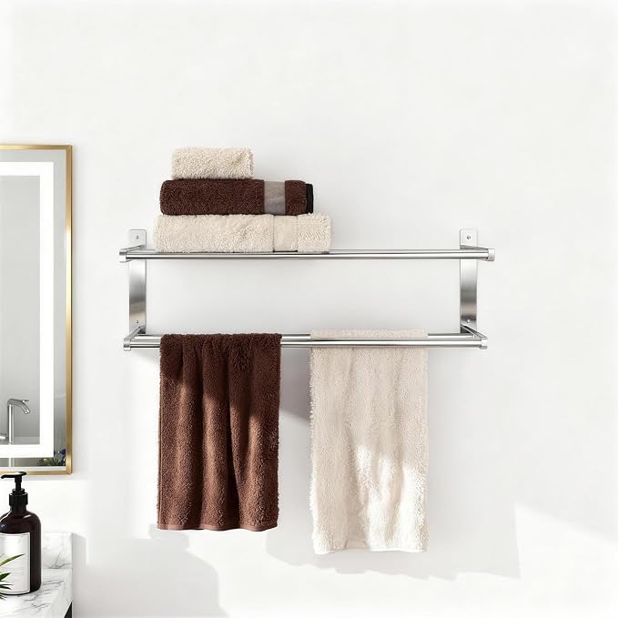 Taaji Towel Racks for Bathroom 24 inch, 2 Tier with Towel Bars, Brushed | Stainless Steel Towel Rack with Shelf, Bathroom Shelf for Towels Storage, Wall Mounted