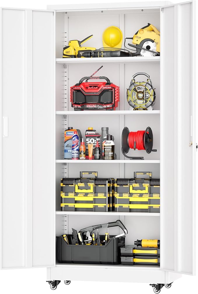 Greenvelly White Metal Storage Cabinet with Wheels, 73" Steel Garage Rolling Cabinet with Doors and 4 Shelves, Tall Locking Cabinets Tool Lockable Storage Cabinets for Basement, Pantry, Home Office