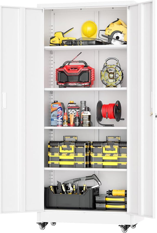 Greenvelly White Metal Storage Cabinet with Wheels, 73" Steel Garage Rolling Cabinet with Doors and 4 Shelves, Tall Locking Cabinets Tool Lockable Storage Cabinets for Basement, Pantry, Home Office