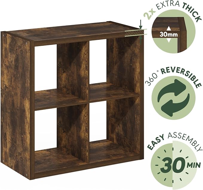 Furinno Cubicle 4-Cube Book Shelf, Extra Thick Frame Bookshelf, Amber Pine | 14.6" x 30" x 30", Reversible Bookcase with Open Back, for Living Room, Bedroom, Home Office