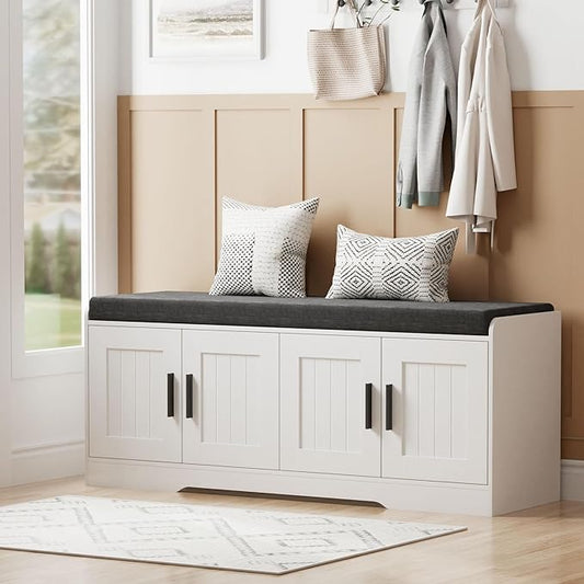 Homleke Shoe Storage Bench, 4 Doors & Thickened Padded Seat Cushion | 2-Tier Shoe Bench, Entryway Bench, Adjustable Shelf, 13.8" D x 45.3" W x 18.5" H, for Living Room, Bedroom, White