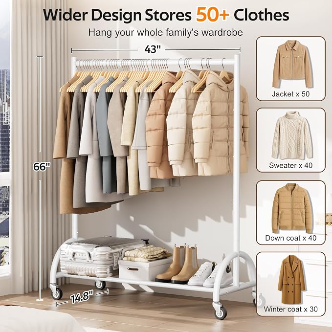 MISSLO Heavy Duty Clothing Rack with Wheels Rolling Clothes Racks for Hanging Clothes, Coats, Garment, Dress, White