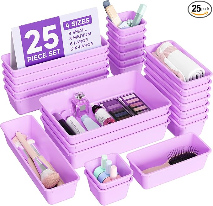 BiuLeon 25 PCS Plastic Drawer Organizers Set, 4-Sizes Vanity and Makeup Organizer, Desk and bathroom Drawer Organizer Trays, Organizers and Storage for Makeup, Jewelry, Gadgets, Utensils (Purple)