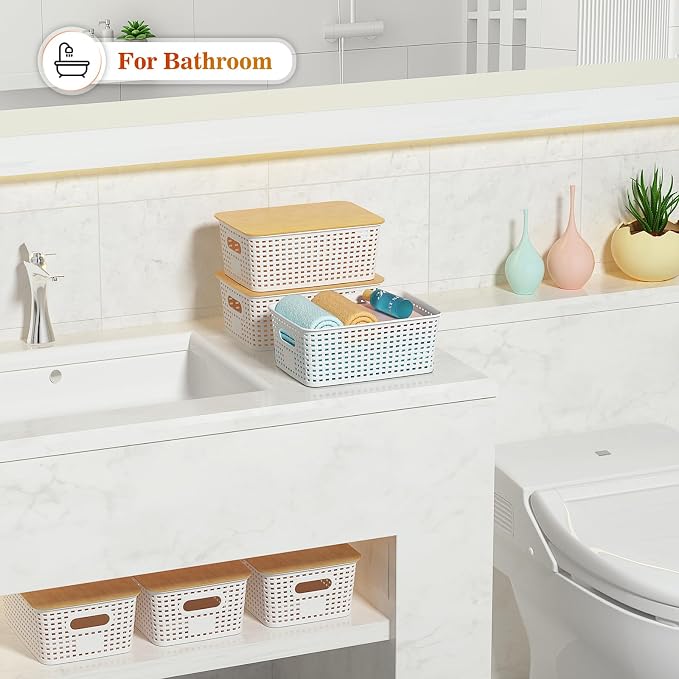 Ohmlove Plastic Storage Baskets With Bamboo Lid - Plastic Storage Containers Stackable Storage bins: Storage Baskets for Organizing Shelves Drawers Desktop Closet Playroom Classroom Office, 6 Pack