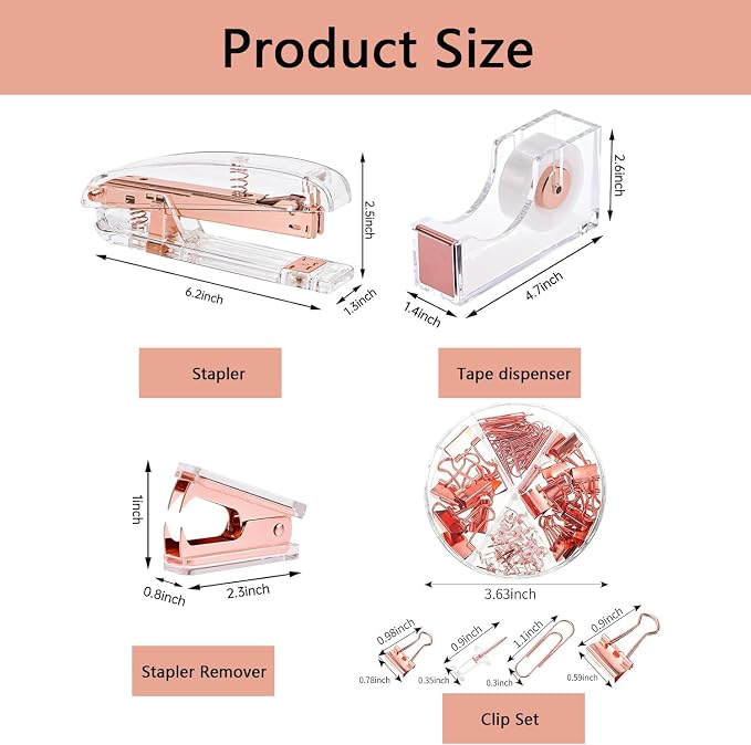suniya Office Supplies Rose Gold Desk Accessories Set Office Supplies Kit with Stapler, Tape Dispenser, Scissors, Staple Remover, Ballpoint Pen, Clear Tape & Staples – Best Gift for Business or Boss