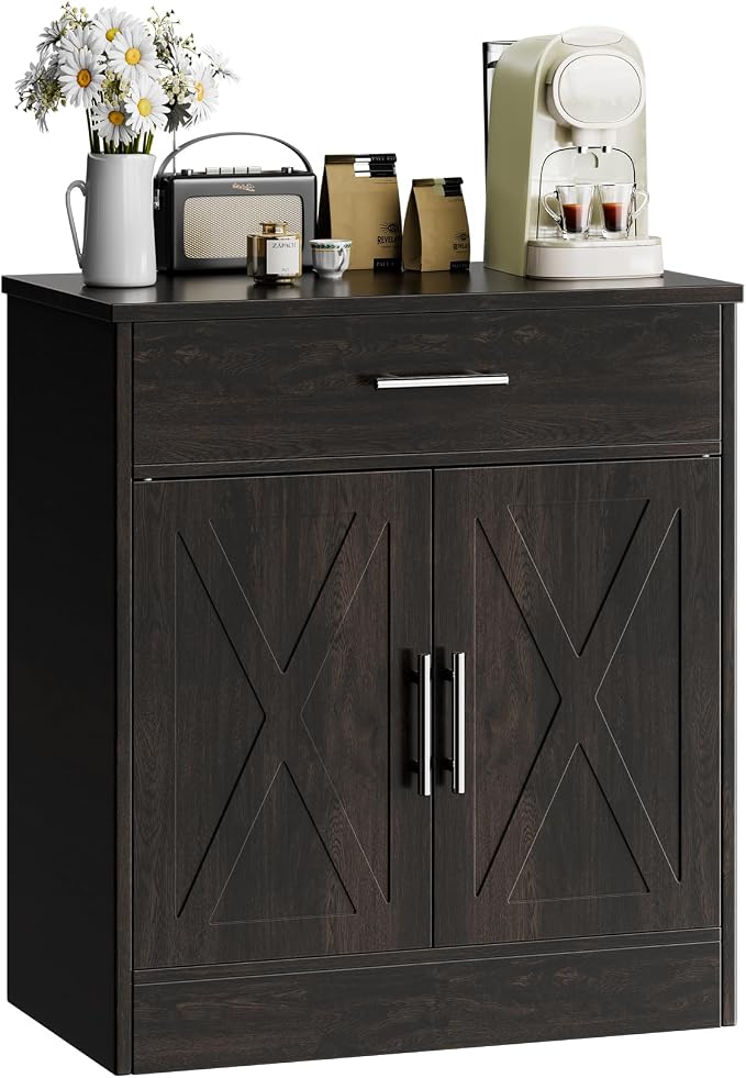 Kitchen Buffet Sideboard Cabinet, Wooden Storage Cabinet with 2 Doors and 1 Drawers, Adjustable Shelf, Modern Farmhouse Coffee Bar Cabinet with Storage for Kitchen, Rustic Brown