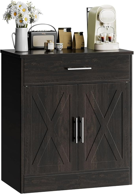Kitchen Buffet Sideboard Cabinet, Wooden Storage Cabinet with 2 Doors and 1 Drawers, Adjustable Shelf, Modern Farmhouse Coffee Bar Cabinet with Storage for Kitchen, Rustic Brown