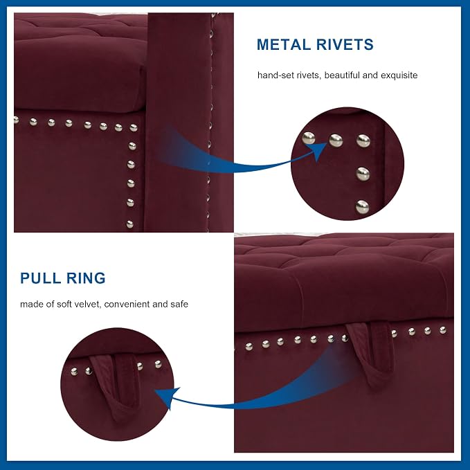 Storage Ottoman Bench, Velvet Upholstered Footstool for Bedroom and Living Room, Frosted Flannel Seat with Storage, Wooden Legs & Metal Rivets, Purple