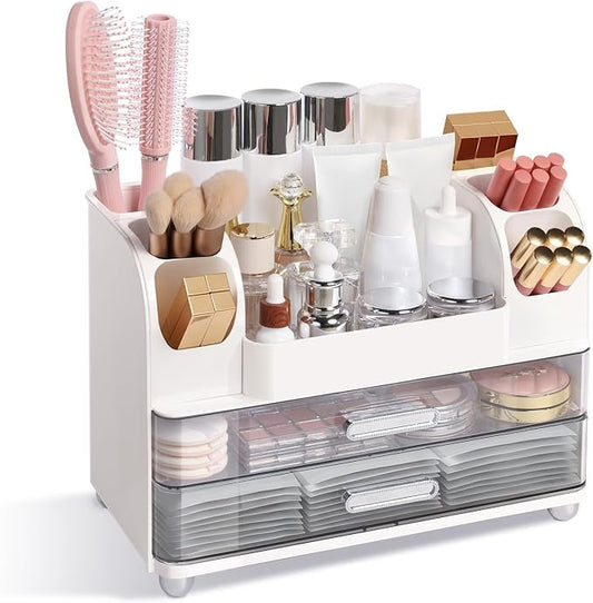 Makeup Organizer for Vanity with 2 Large Drawers and 6 Brush Holders, White | Large-Capacity Makeup Holder Keeps Skincare and Cosmetics Organized and Easy to Reach on Vanity or Bathroom Counters
