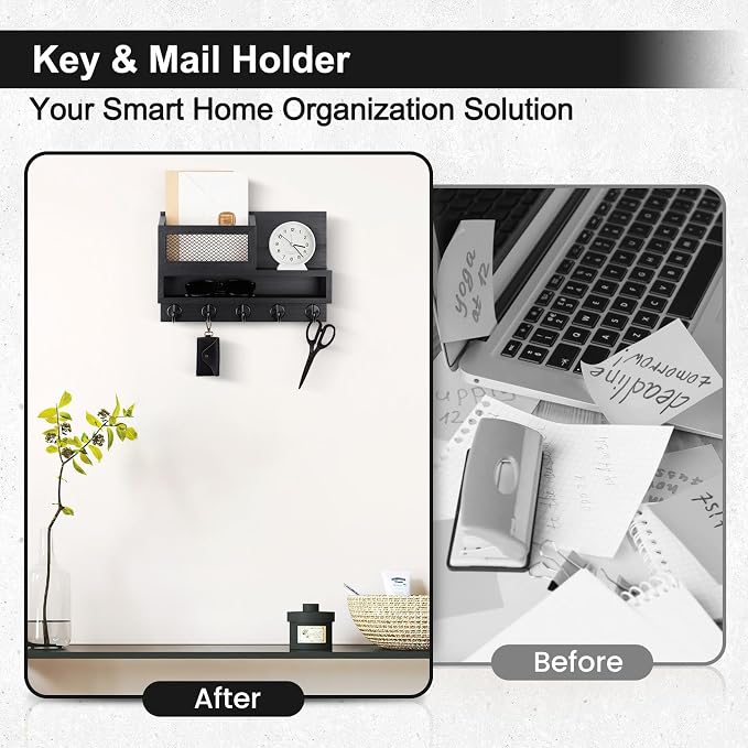 Key and Mail Holder Wall Mount, Key Hanger with Long Storage Box and 5 Hooks for Coat, Dog Leash, Home Decor Rack, House Accessories, Entry Way Organizer 11.8”W x 7.8”H x 3.2”D
