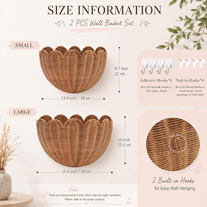 Wall Baskets Woven Scalloped Basket, 100% Handmade Natural Rattan Hanging Wall Basket Decor, Decorative Half Moon Wall Planter for Nursery, Bathroom, Living Room (2 Pack -Large & Small)