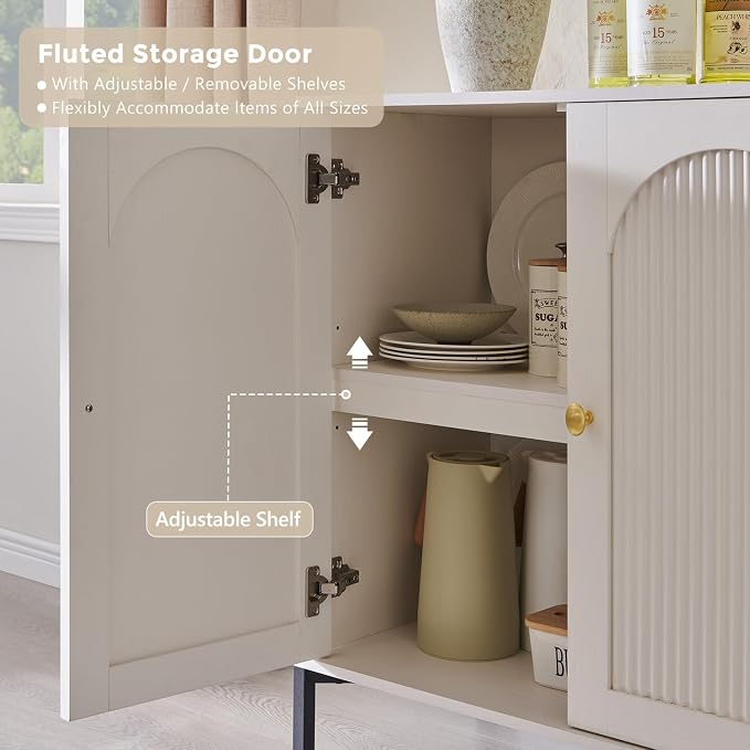 IFGET 123.5" W Modern Arched Sideboard Buffet Cabinet with Storage, White | Fluted Arch Sideboard Cabinet w/Adjustable Shelves, Wooden Modular Kitchen Cabinet for Dining& Living Room, Entryway