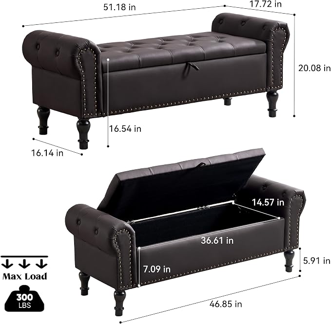 51" Storage Bench for Bedroom, Faux Leather End of Bed Bench, Queen Size Bench with Rolled Arms, Tufted Storage Ottoman Benches, Upholstered Bench for Bedroom, Living Room, Entryway, Dark Brown
