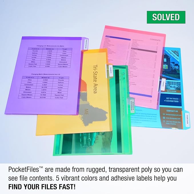 Ultimate Office PocketFile Clear Document Folders, 5th-Cut, Set of 25 | Clear poly project pockets in 5 assorted colors; letter size; sort, color-code, and protect documents without punching