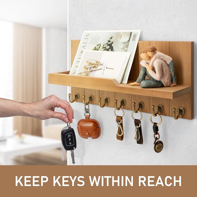 Rebee Vision Key Holder Wall Mount with 7 Key Hooks for Entryway, Yellow | Key Holder for Wall, Hanging Shelf, Key and Mail Holder for Wall, Display Plants & Letters, Stylish Home Storage Accent