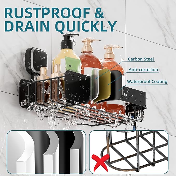 TAILI Shower Caddy Suction Cup Stainless Steel Shower Shelves Black 2pack