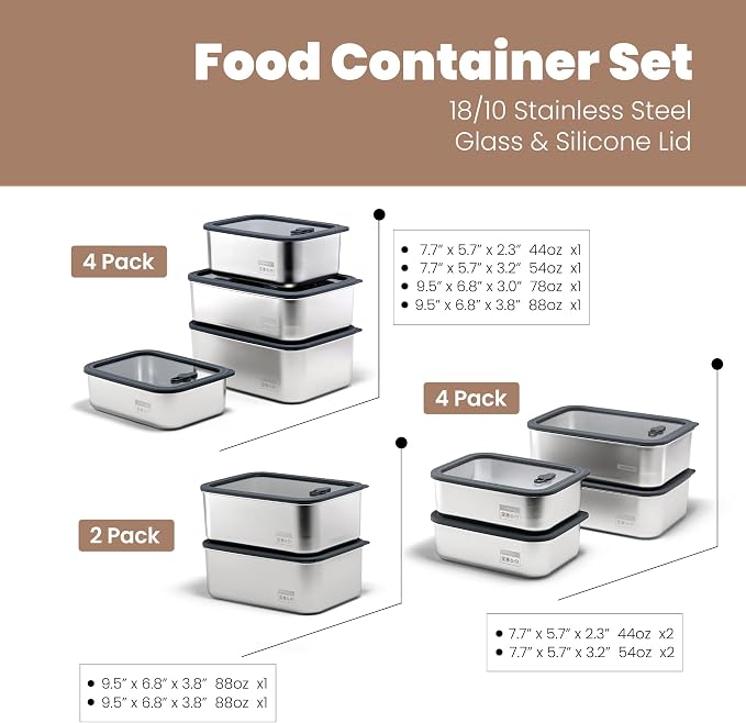 Stainless Steel Food Containers with Glass Lids, 2-Piece Airtight Food Storage Set, Rectangular, Stackable, Microwave and Dishwasher Safe, 2 x 88 oz, Silver Gray