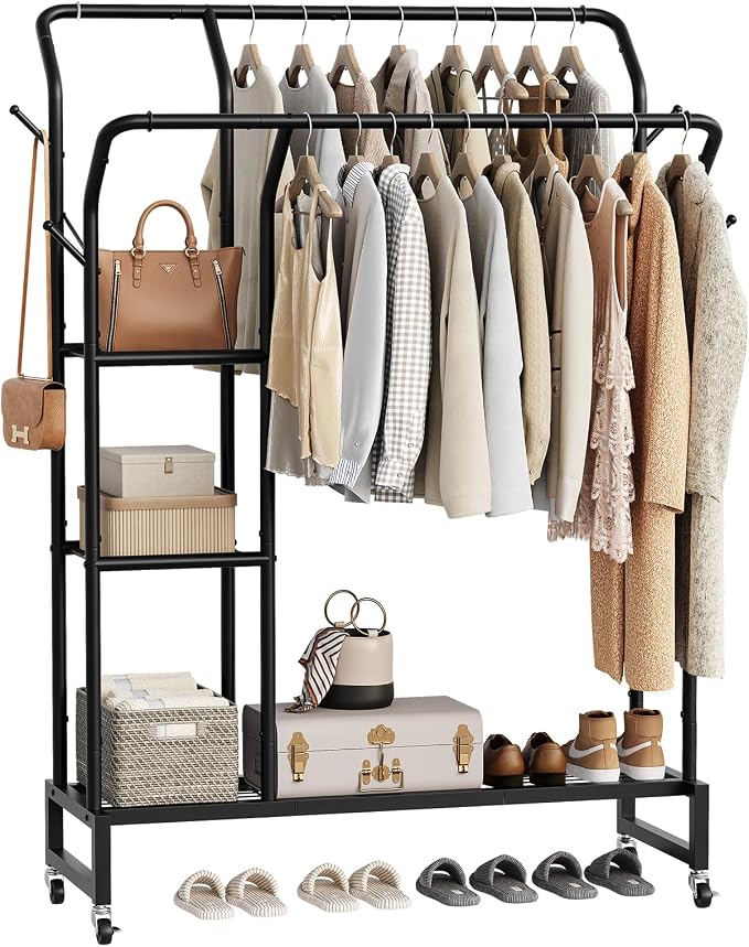 Yoobure Double Rods Clothes Rack - Portable Clothing Rack with Wheels, Rolling Garment Rack with 3-Tier Shelves & 4 Hooks, Freestanding Clothing Racks for Hanging clothes, Coat Rack for Closet Bedroom